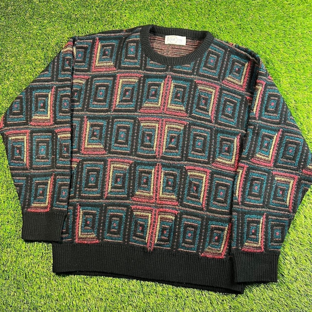 Vintage Jantzen Sweater L Made USA Geometric Southwestern Aztec Abstract Knit 80